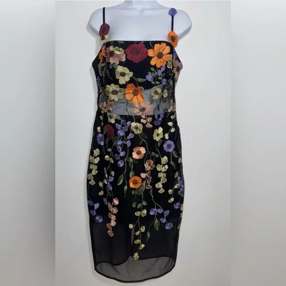 BCBGMaxAzria Black Mesh Dress w. Multicolor Floral Embroidery - W Size 10 - NWT. - Picture 7 of 14